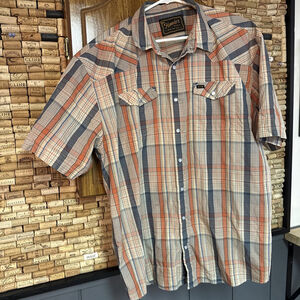 Howler Bros Shirt Men Medium Orange Blue Western Pearl Snap Short Sleeve H Bar B